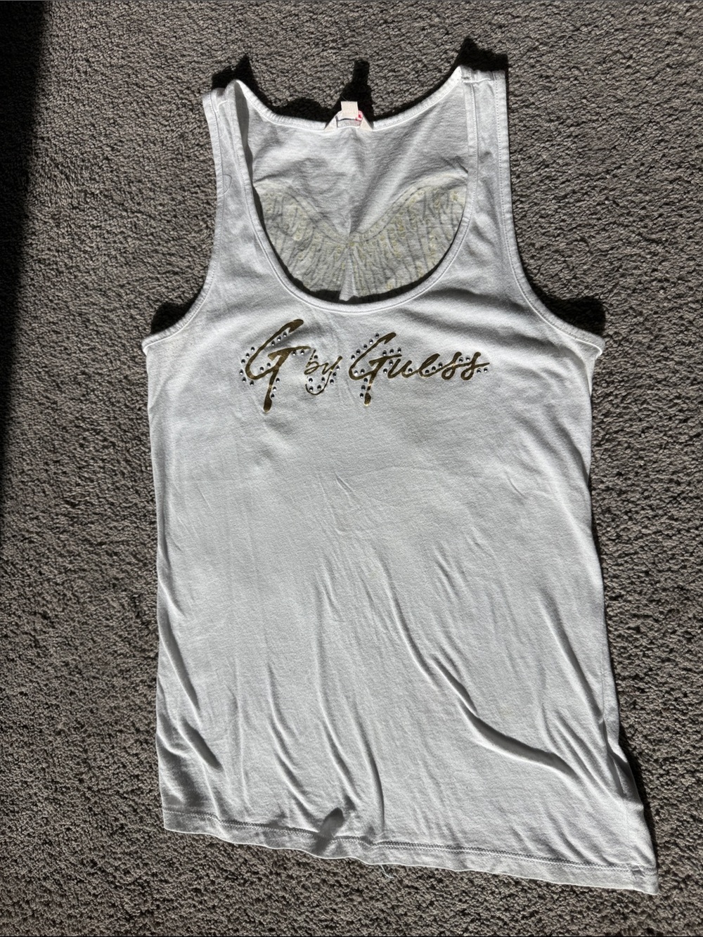 Guess White Tank with Gold Script Logo and Studs